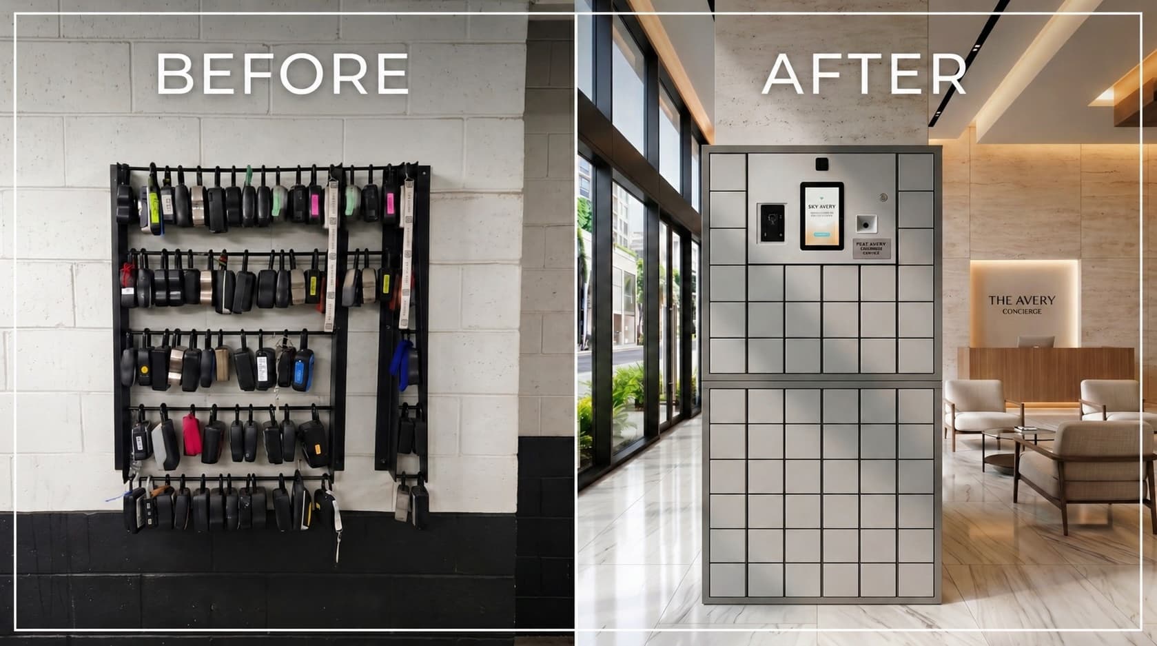 Before: chaotic key wall. After: clean EasyLockbox installation