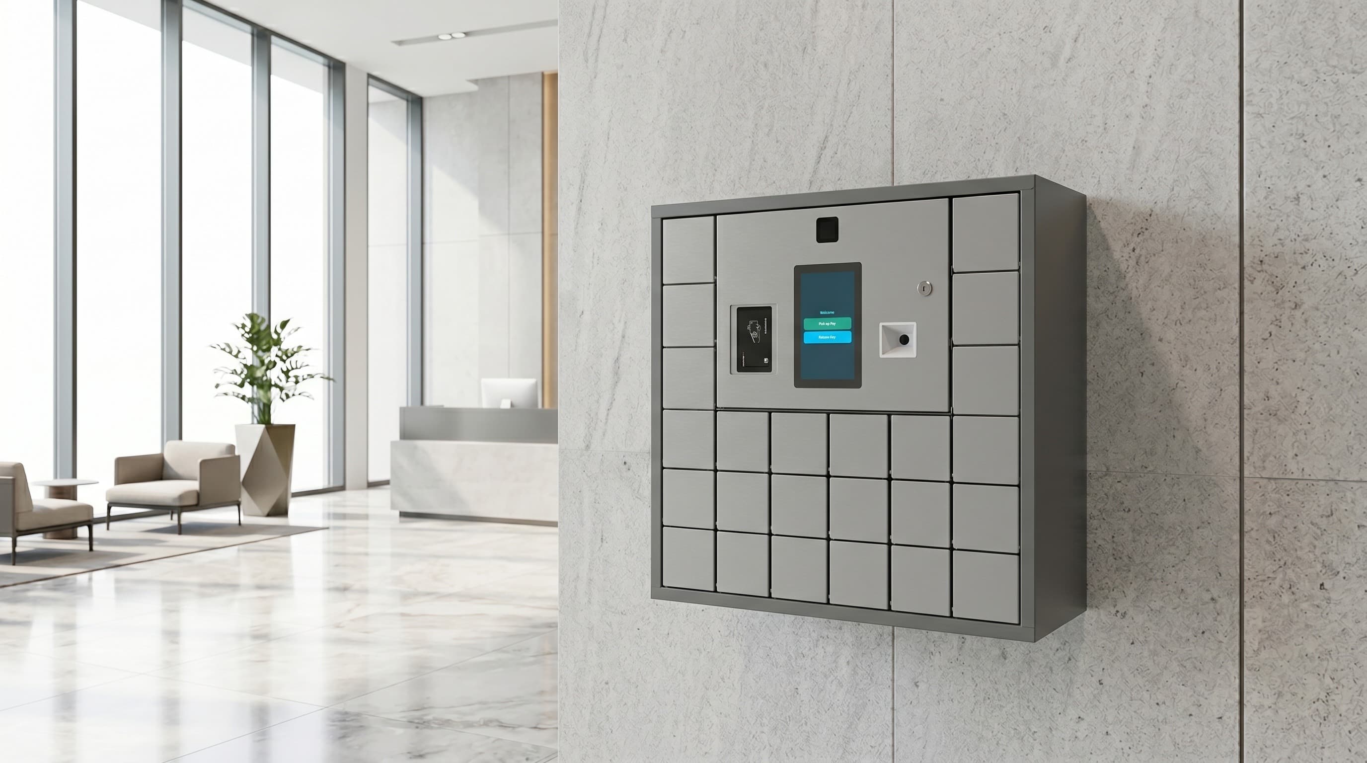 A wall-mounted EasyLockbox unit in a bright modern lobby